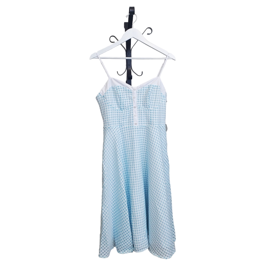 Unique Vintage Light Blue Gingham Midi Dress - Picture 3 of 7